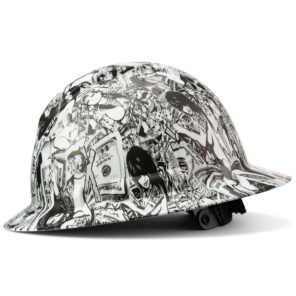 Full Brim Pyramex Ridgeline Hard Hat Construction Osha Approved Hardhats, Men Women Safety Helmet, 4 Point, Custom White Money And Honeys Tattoo Design, By Acerpal